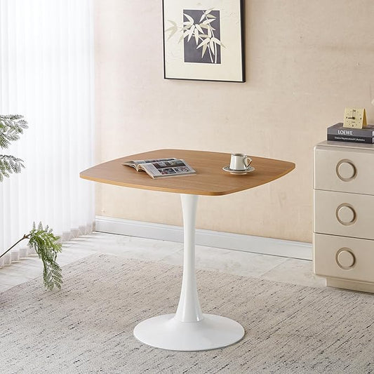 31.5 inches Square Dining Table for 4, Natural Special Kitchen Table with Tulip Shape & Metal Pedestal Base, Mid Century Modern Bistro Tulip Table for Kitchen, Small Space, Cafe