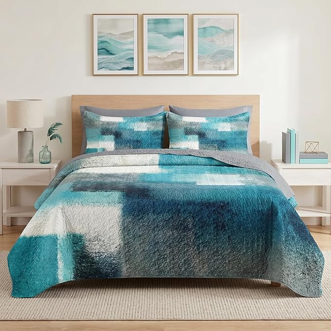 Pamnest Quilt Set Twin Size, Turquoise Grey Painting 2 Pcs Soft Bed Cover Bedding Set for Kids and Adults, Teal Contemporary Gray Lightweight Bedspread Coverlet with Pillow Sham for All Season