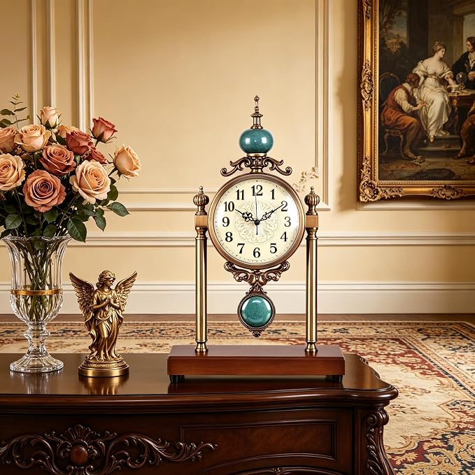 Vintage Mantel Clock, Silent Non-Ticking Table Clock with Pendulum, Luxury Metal & Wood Desk Clock for Living Room, Bedroom, Study Room Decor