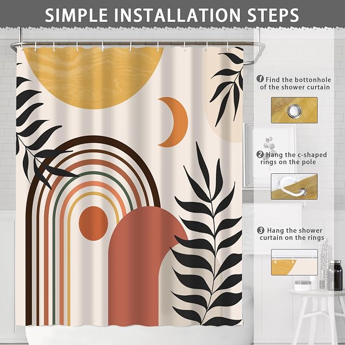 Mid Century Abstract Boho Aesthetic Shower Curtain Set, Green Nature Leaf Sun Modern Minimalist Home Bathroom Curtain Decor with 12 Hooks 72 Inch Wide * 84 Inch High