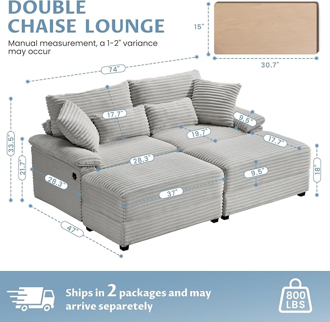 SUNWAVE 74" Double Chaise Lounge Chair Indoor, Oversized Loveseat with Removeable Ottoman, Corduroy Couch with USB Charging, Storage Ottoman, and Coffee Table Cushions for Living Room (2 Chaise Gray)