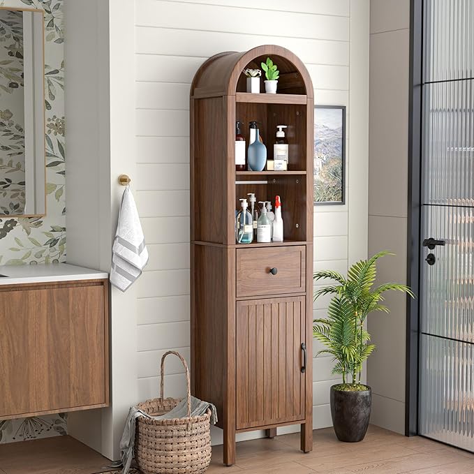 64" Tall Bathroom Storage Cabinet with Adjustable Shelves,Tall Narrow Arched Freestanding Tower Cabinet with Fluted Doors and Drawers,Space Saving Organizer for Bathroom Living Room (Walnut)