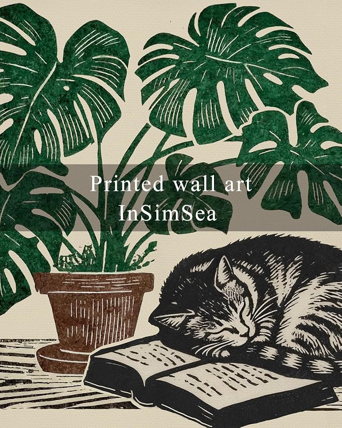 InSimSea Sleeping Cat and Monstera Plant Framed Wall Art, Waterproof Canvas Print Linocut Style, Botanical Decor for Living Room Office and Bedroom 12x16 Inch