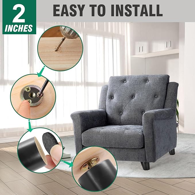 FoDau770 Black Rubber Wood Furniture Legs 2 Inches, Slant Tapered Wood Feet Mid Century Sofa Legs Set of 8, 5/16" UNC Furniture Feet Replacement Parts for Cabinet Couch Dresser Chair Ottoman Table