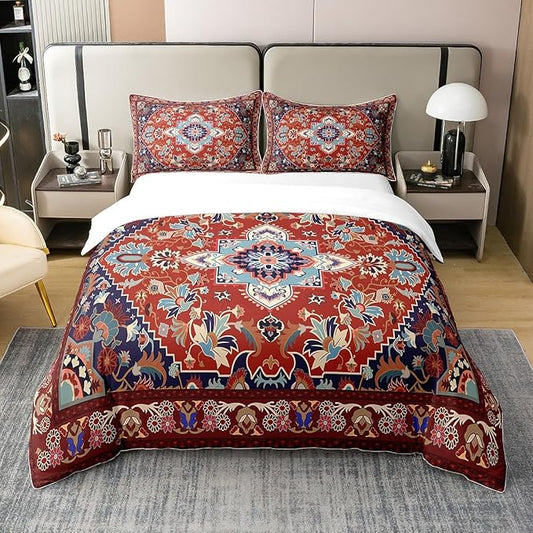 100% Cotton Retro Floral Duvet Cover King Tribal Exotic Bedding Set Boho Antique Fashion Retro Red Yellow Comforter Cover Vintage Bohemian Bedroom Decor Fashion Quilt Cover for Women Men
