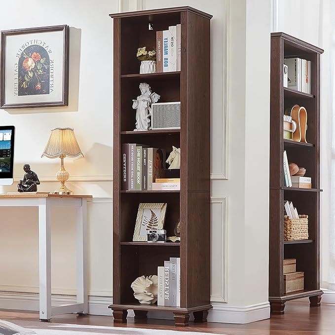 SAVOR LIFE 70" Tall Walnut Book Shelf, Wood Skinny Bookshelf with Adjustable Shelves & Wooden Legs, Farmhouse Bookcase w/5-Tier Storage, Free Standing Bookshlves for Office, Living Room, Brown, 2PCS