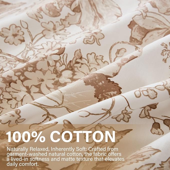 Khaki Floral Duvet Cover Queen Size 100% Cotton Vintage Botanical Duvet Cover Set 3 Pcs Soft Flower Bedding Set Breathable and Lightweight