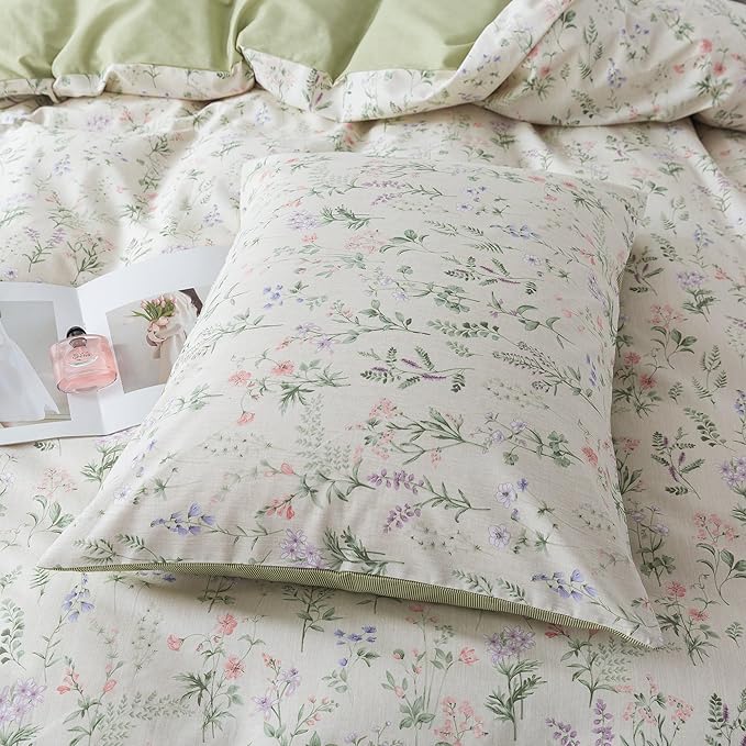 HoneiLife Floral Duvet Cover Queen - 100% Cotton Comforter Cover, Botanical Bedlinen Set for Queen Beds, 3-Piece Wildflower Comforter Cover Sets