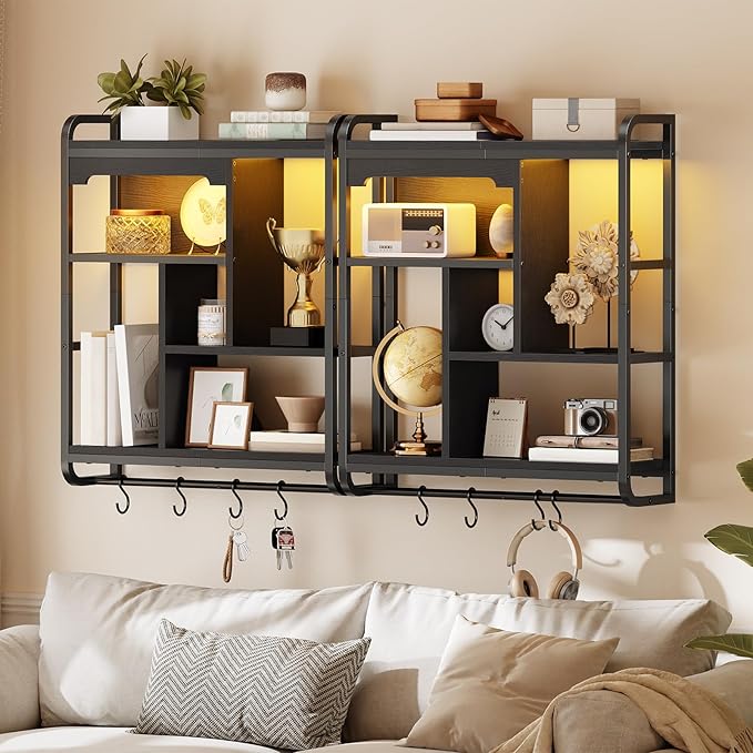 HOOBRO Gaming Floating Shelves with LED Lights, 26.4" LED Wall Mounted Shelf, Modern Corner Shelf 3-Tier Display Rack for Wall Storage, Arched Design, for Kitchen, Living Room, Study, Black BB44DBJ01