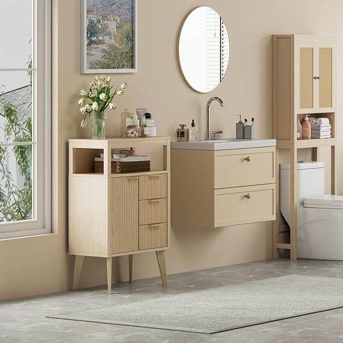Natural Wood Bathroom Floor Cabinet with 3 Fluted Drawers & Door, Modern Storage Sideboard with Open Shelf, Coffee Bar Station for Living Room, Entryway, 23.6 x 11.8 x 34.6 Inches
