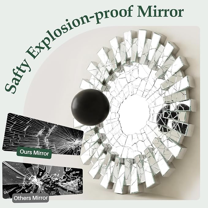 Round Decorative Mirror - 26" Sunburst Sun Mirrors for Wall Decor with Silver 3D Beveled Glass Frame, Modern Wall Art Accent for Living Room, Bedroom, Fireplace, Entryway