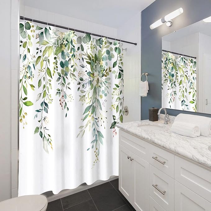 Long Green Eucalyptus Shower Curtain Watercolor Floral Plant Leaf Shower Curtains for Bathroom Botanical Flower Waterproof Fabric Bath Curtain Decor with Hooks (Green, 72'' x 78'')