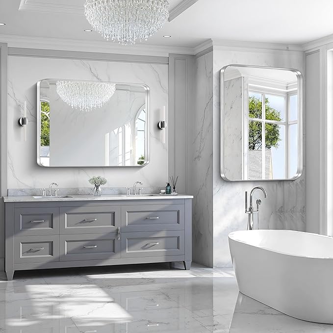 CIRCUMI Silver Bathroom Mirror, 36"x48" Rectangular Mirror with Deep Metal Frame, Rounded Corner, Tempered Glass, Large Mirror for Wall, Over 2 Sinks, Installed Vertically/Horizontally, Crystal-Clear