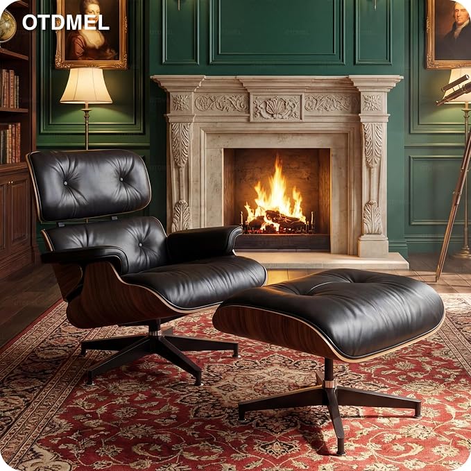 Luxury Top Grain Leather Mid Century Chaise Lounge Chair with Ottoman, Heavy Duty Base Support, Reading Chair, Modern Arm Chair, Leather Accent Chair for Living Room and Office, Walnut