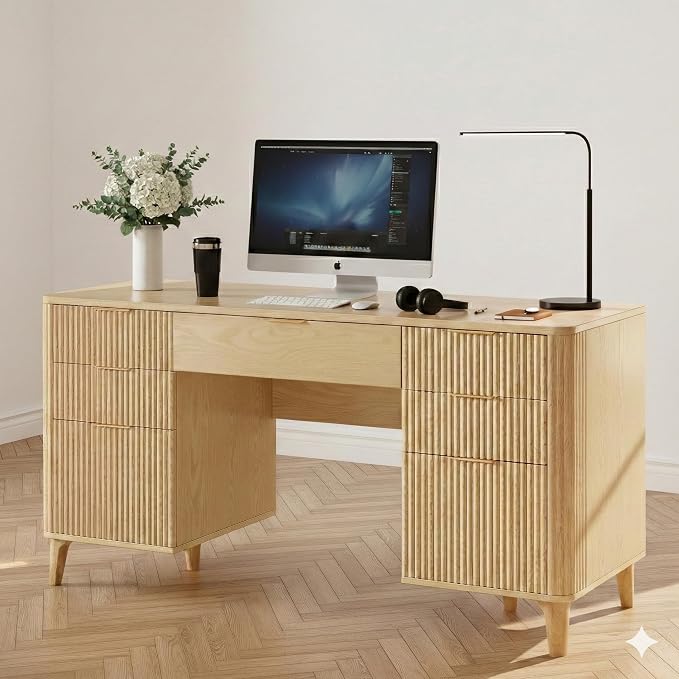 Wooden Desk with Drawers, 55" Fluted Executive Desk with Storage Cabinet, Wood Home Office Desk with File Cabinet, Modern Computer Writing Desk for Study, Living Room, Bedroom