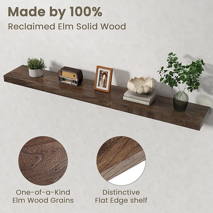Fun Memories Solid Elm Wood Floating Shelves Set of 1-55 Inch Rustic Wall Shelves with Heavy-Duty Invisible Brackets - for Living Room, Kitchen, Bedroom, Bathroom - Walnut Finish