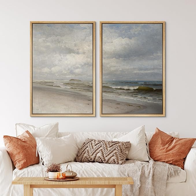 IDEA4WALL Framed Canvas Print Wall Art Set Coastal Beach Scene Classic Ocean View Illustrations Modern Art Decorative Coastal Cottage Seascape for Bedroom - 24"x36"x2 NATURAL