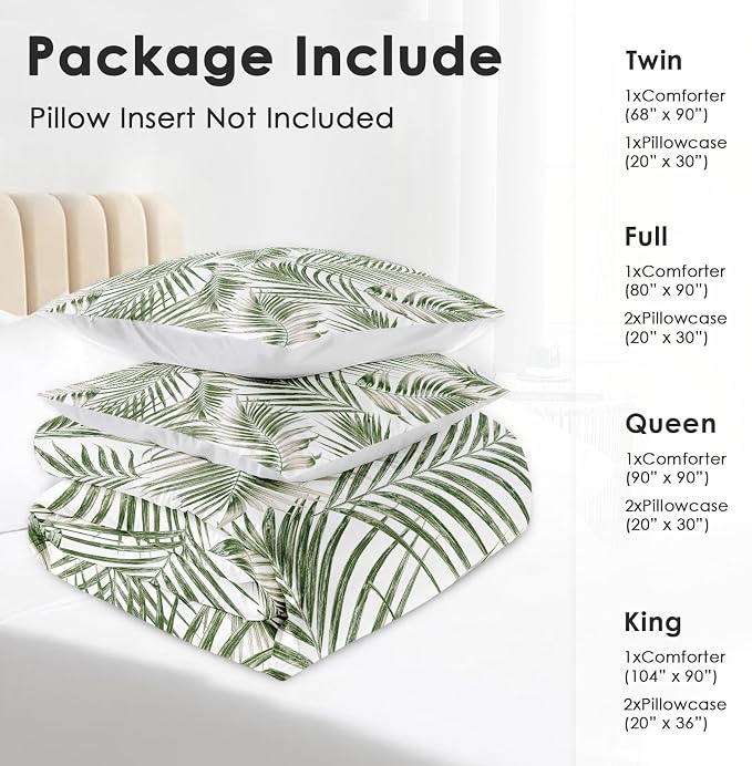 Comforter Set with 2 Pillowcases Queen Size, Tropical Palm Tree Fronds Green Leaves, Bed Decor Botanical Plant Palm Leaf for Kids and Adults, Soft Cozy Bedroom Bedding Set