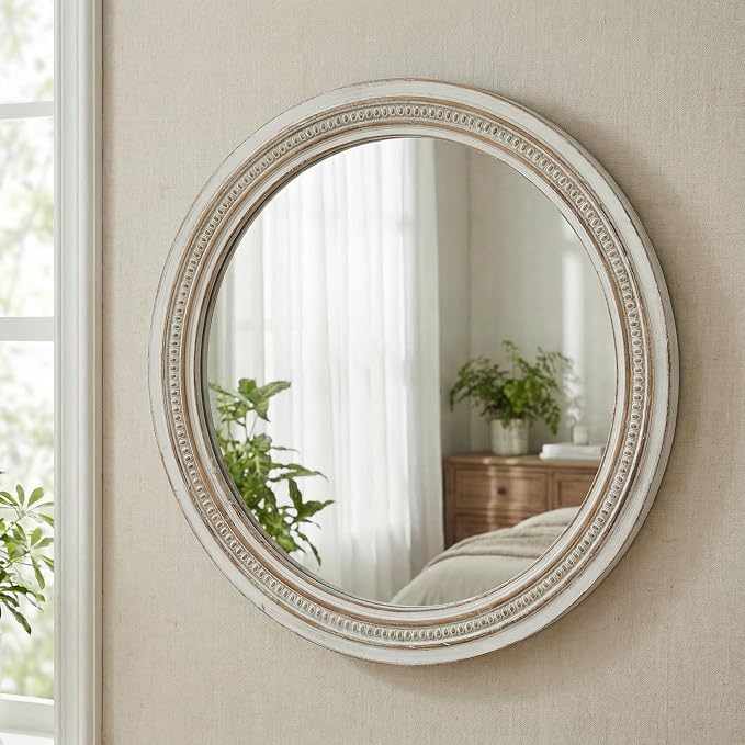 23.62'' Vintage Round Wall Mirror with Ornate Beaded Trim Frame & Pre-Installed Hanging, Decorative Mirror with Large Reflective Surface for Bathroom Bedroom Living Room, Natural