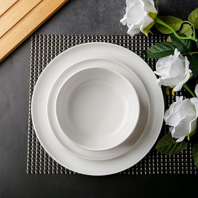 AmorArc Ceramic Dinnerware Sets, Wavy Rim Stoneware Plates and Bowls Sets,Dishwasher & Microwave & Oven Safe Dishes set, Service for 6 (18pc)-Matte White