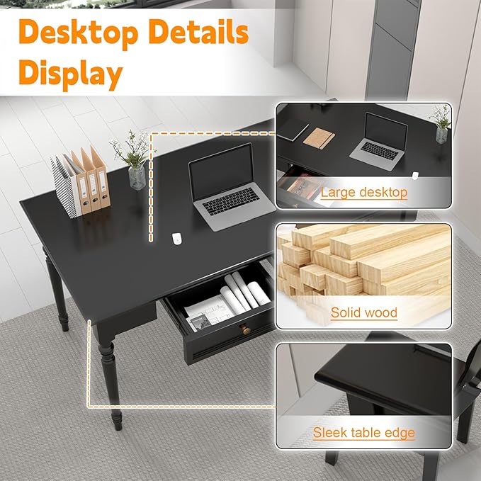 Solid Wood French Country Desk,Writing Desk with Storage Drawers,Farmhouse Computer Table Makeup Table Modern Simple Style,for Home Office Living Room Study Workspace Bedroom (Black, 47.2IN)