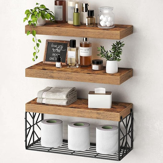 Bathroom Shelves Over Toilet Set of 3, Floating Shelves for Wall Toilet Paper Storage, 1.5" Thick Hanging Shelf, Farmhouse Wall Decor for Bathroom Living Room, Kitchen, Rustic Brown 4001BJBF