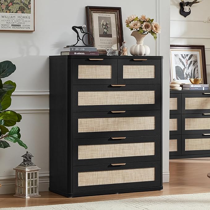 LEYAOYAO Rattan Dresser for Bedroom Set of 2, 42" Tall Chest of Drawers, Modern 6 Drawers Boho Dressers with Storage, Light Oak Dresser Wooden Closet Organizer for Living Room, Hallway, Black