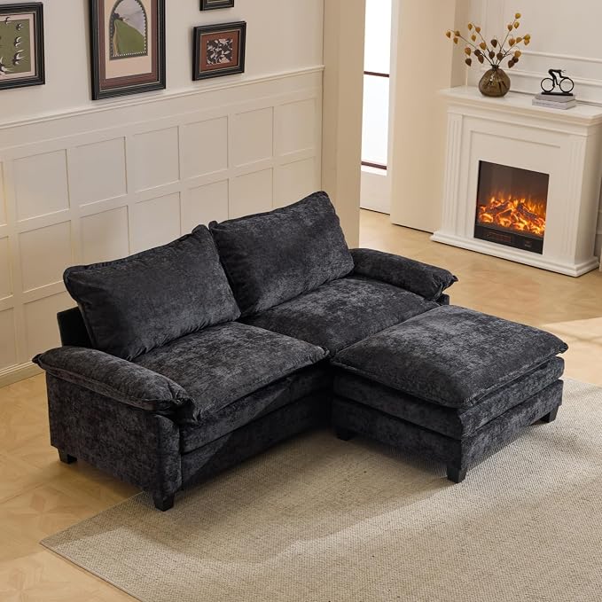 VINGLI 87" Convertible Sectional Sofa,L-Shape Deep Seat Sofa Couch for Living Room,Modern Chenille 2 Seat Loveseat Sofa with Ottoman for Small Space(Black, 87")