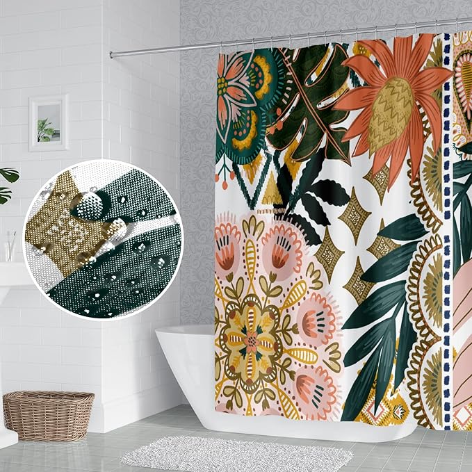 Bohemian Floral Bathroom Shower Curtain - Colorful Boho Leaves Flowers with Hooks - Polyester Waterproof Fabric Paisley Unique Trendy Woman Shower Curtain Decor, 48x72 Inch