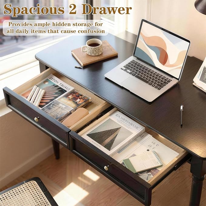 Rubberwood Office Desk with Drawers, Black Retro Style Study Desk, Desk, Country Style Wood Desk, Solid Wood Computer Table for Office,Living Room 39.3×23.6×29.5 inch