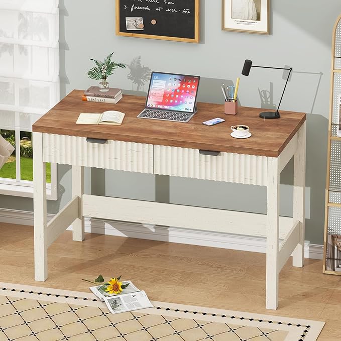 YOMILUVE Fluted Computer Desk with 2 Drawers, 39 Inch Small Computer Desk with Storage, Compact Writing Study Vanity Desk for Small Spaces, Antique White