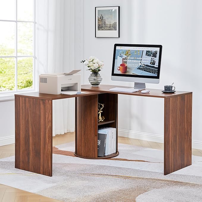 Fluted Computer PC Desk Table with Storage, Farmhouse Corner L Shaped Desk with Storage for Small Space, Modern Home Office Desk for Bedroom, for Writing, Executive, Study, Work - Walnut
