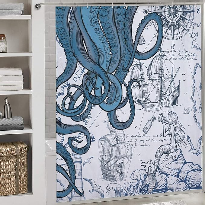 Nautical Octopus Shower Curtain,Funny Monster Ocean Kraken Sealife Pirate Ship Sailboat Retro Nautical Map Rural Bathroom Decor Fabric Waterproof Bathroom Curtain with Hooks,72x78Inch