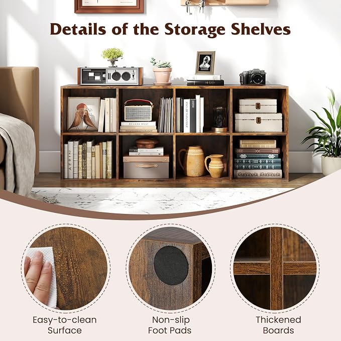 Tangkula 8-Cube Bookcase, Large Floor Standing Horizontal Bookshelf with 8 Open Shelves & 2 Anti-Tipping Kits, Home Office Wooden Storage Book Shelf for Living Room, Study (Rustic Brown, 8-Cube)