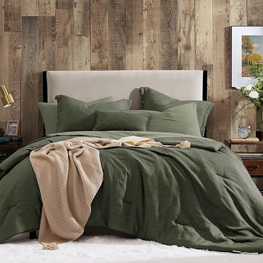 Geniospin Dark Olive Green Oversize Queen Comforter Set - 7 Pieces Comforter Queen Size, Solid Bedding Set for All Season, Textured Bed in a Bag with Sheets