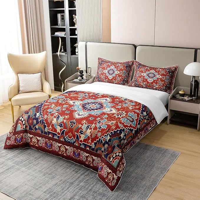 100% Cotton Retro Floral Duvet Cover Queen Tribal Exotic Bedding Set Boho Antique Fashion Retro Red Yellow Comforter Cover Vintage Bohemian Bedroom Decor Fashion Quilt Cover for Women Men