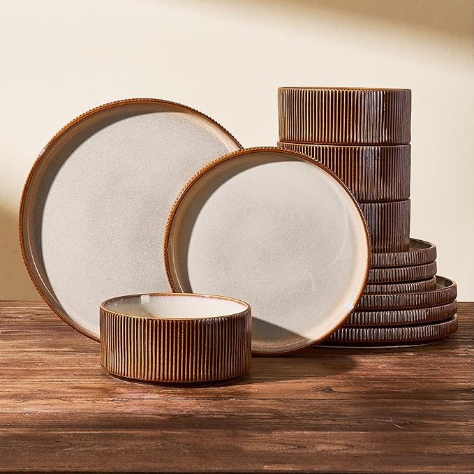 Stoneware Dinnerware Sets, Handcrafted Double Reactive Glaze Plates and Bowls for Everyday & Formal Dining, Microwave & Dishwasher Safe, Scratch Resistant Dishes Service for 4 (12-Piece), Cream Cocoa