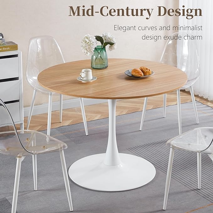 42 Inch Round Dining Table,Mid-Century Tulip Table with Metal Pedestal Base,Modern Leisure Table for Small Space Kitchen Dining Room,Easy Assembly,White and Oak