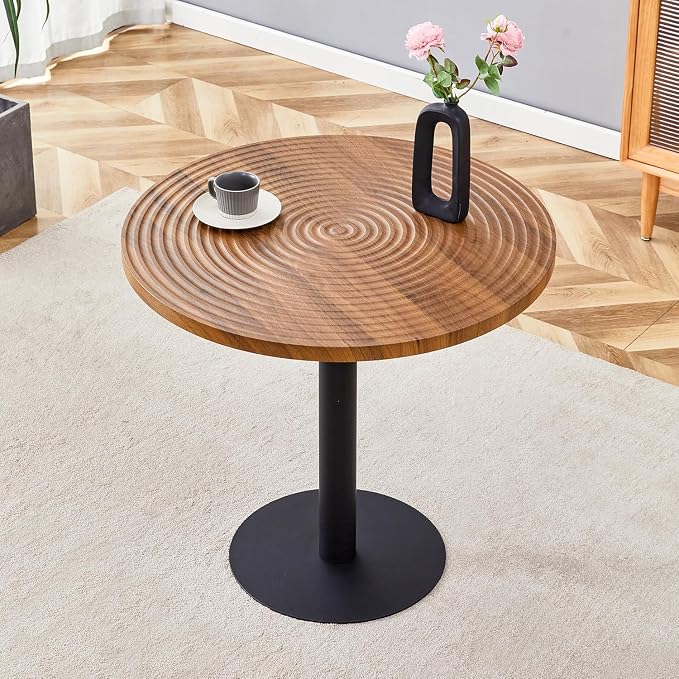 31.5 Inch Round Dining Table for 2-4 Person,Mid-Century Modern Walnut Tulip Kitchen Table, Wooden GrainTabletop with Suction Molding Annular Texture and Black Metal Base