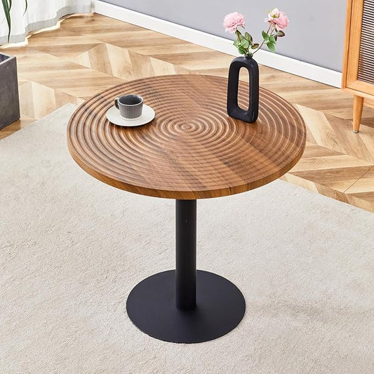 31.5 Inch Round Dining Table for 2-4 Person,Mid-Century Modern Walnut Tulip Kitchen Table, Wooden GrainTabletop with Suction Molding Annular Texture and Black Metal Base