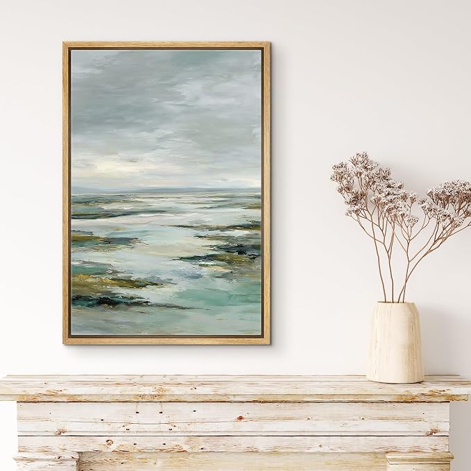 MUDECOR Framed Canvas Print Wall Art Serene Coastal Landscape Abstract Ocean Illustrations Minimalism Decorative Bohemian Colorful Zen for Living Room, Bedroom, Office - 24"x36" NATURAL