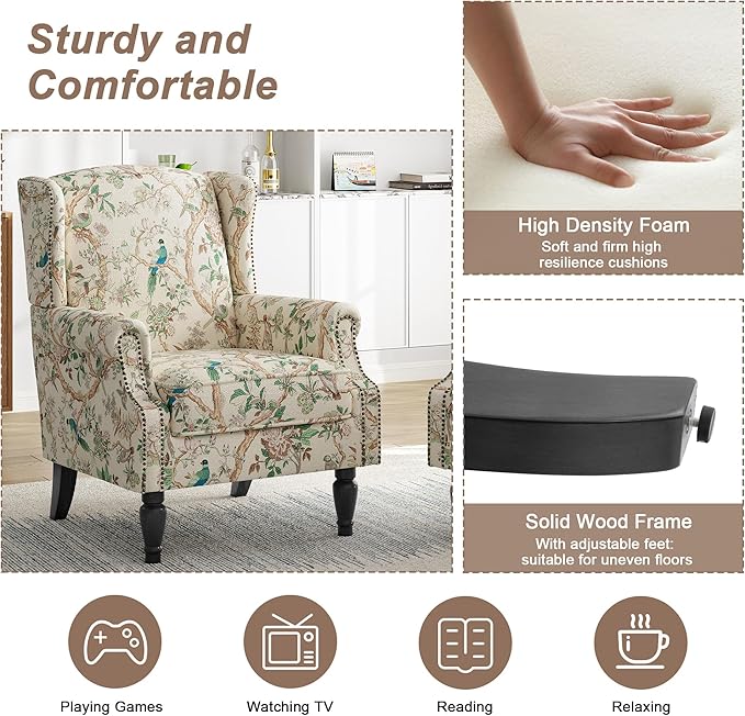 Pia Ricco High Back Floral Accent Chair - Retro Wingback Upholstered Armchair with Nailhead Trim, Solid Wood Legs, Fabric Living Room Bedroom Home Office Reading Chair (Bird Pattern)