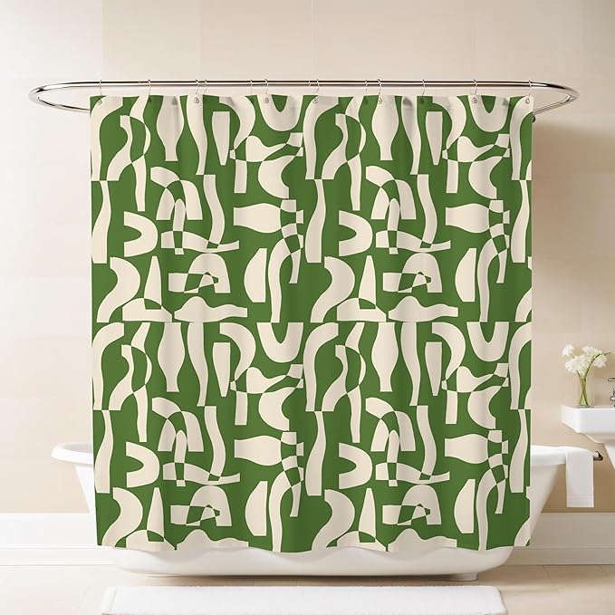 Modern Green and Ivory Geometric Pattern Print Shower Curtain – Abstract Minimalist Fabric Design – Neutral Trendy Bathroom Décor – 72x72 Inches (Geo Green)