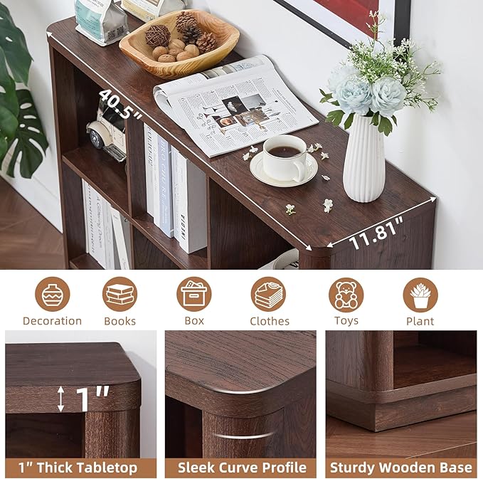 9 Cube Bookshelf, 41" Tall Organizer Bookcase with Curved Edge, Wood Floor Standing 3-Tier Cubby Book Shelf with Base, Vintage Display Storage Cabinet for Living Room, Home Office, Walnut