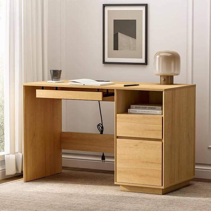 Farmhouse Computer Desk with File Drawer, 47" Executive Desk with Charging Station and Open Storage Compartment Wood Home Office Desk for Writing Study Working, Matural Oak