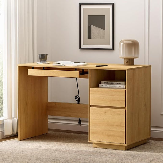 Farmhouse Computer Desk with File Drawer, 47" Executive Desk with Charging Station and Open Storage Compartment Wood Home Office Desk for Writing Study Working, Matural Oak