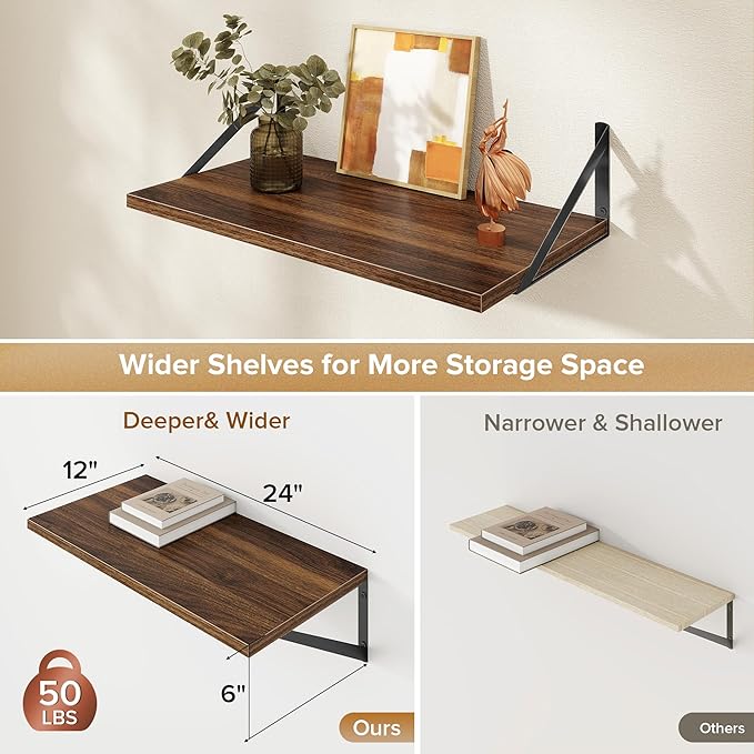 Deep Floating Shelves Wall Mounted, 24"x12" Walnut Wall Shelves with Brackets Set of 2 for Bedroom, Living Room, Bathroom, Kitchen, Office - Storage & Display Shelf for Decor, Books, Plants