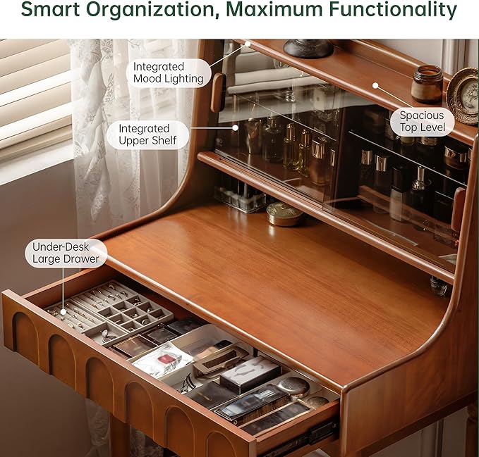YESWOOD Makeup Vanity Desk, Solid Poplar Wood Dressing Table with LED Light, Makeup Desk and Vanity Table for Bedroom, Teak Color, 20" D x 28" W x 50" H