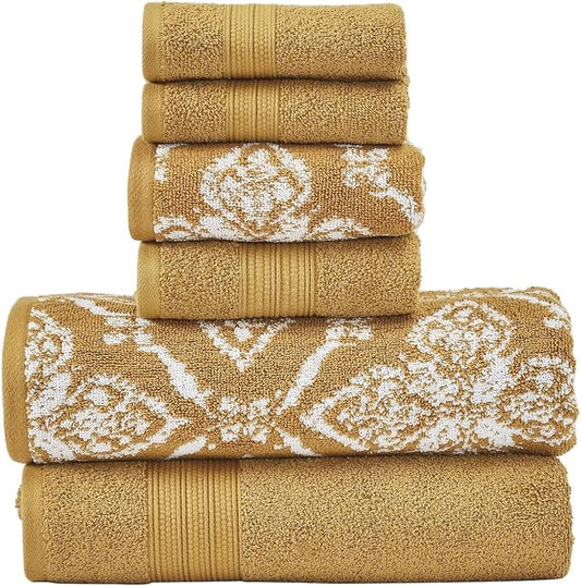 Modern Threads Amaris 6-Piece Reversible Yarn Dyed Jacquard Towel Set - Bath Towels, Hand Towels, & Washcloths - Super Absorbent & Quick Dry - 100% Combed Cotton, Gold
