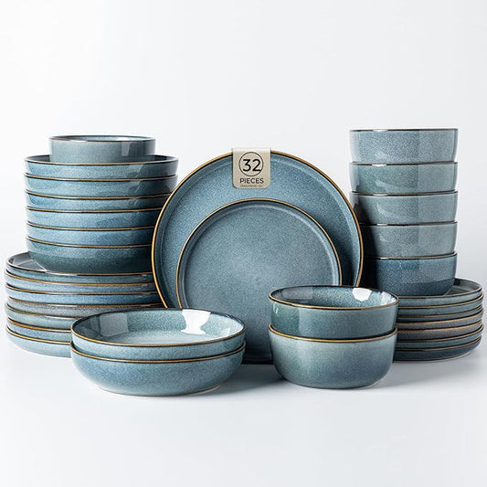 GBHOME 32 Pieces Double Bowls Ceramic Dinnerware Sets for 8, Stoneware Plates and Bowls Set with Reactive Glaze, Scratch Resistant Stoneware Dishes Set, Dishwasher & Microwave Safe